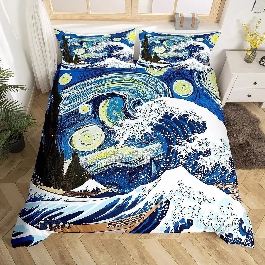 Japanese Ukiyo-e King Queen Duvet Cover Golden Fish Hokusai Bedding Set Crane Wave Quilt Cover Red Sun Polyester Comforter Cover