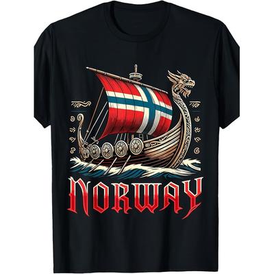Men'S T-Shirt Featuring The Norwegian Viking Ship And The Norway Boat Flag, Ideal for Home, Outdoor Activities, Work, Or As a Gift for Occasions Like