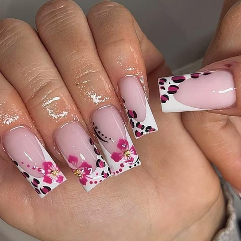 Square Press On Nail Flower Fake Nail Glues On Nail Artificial Acrylic Nail 24pcs Stick On Nail for Womens and Girls