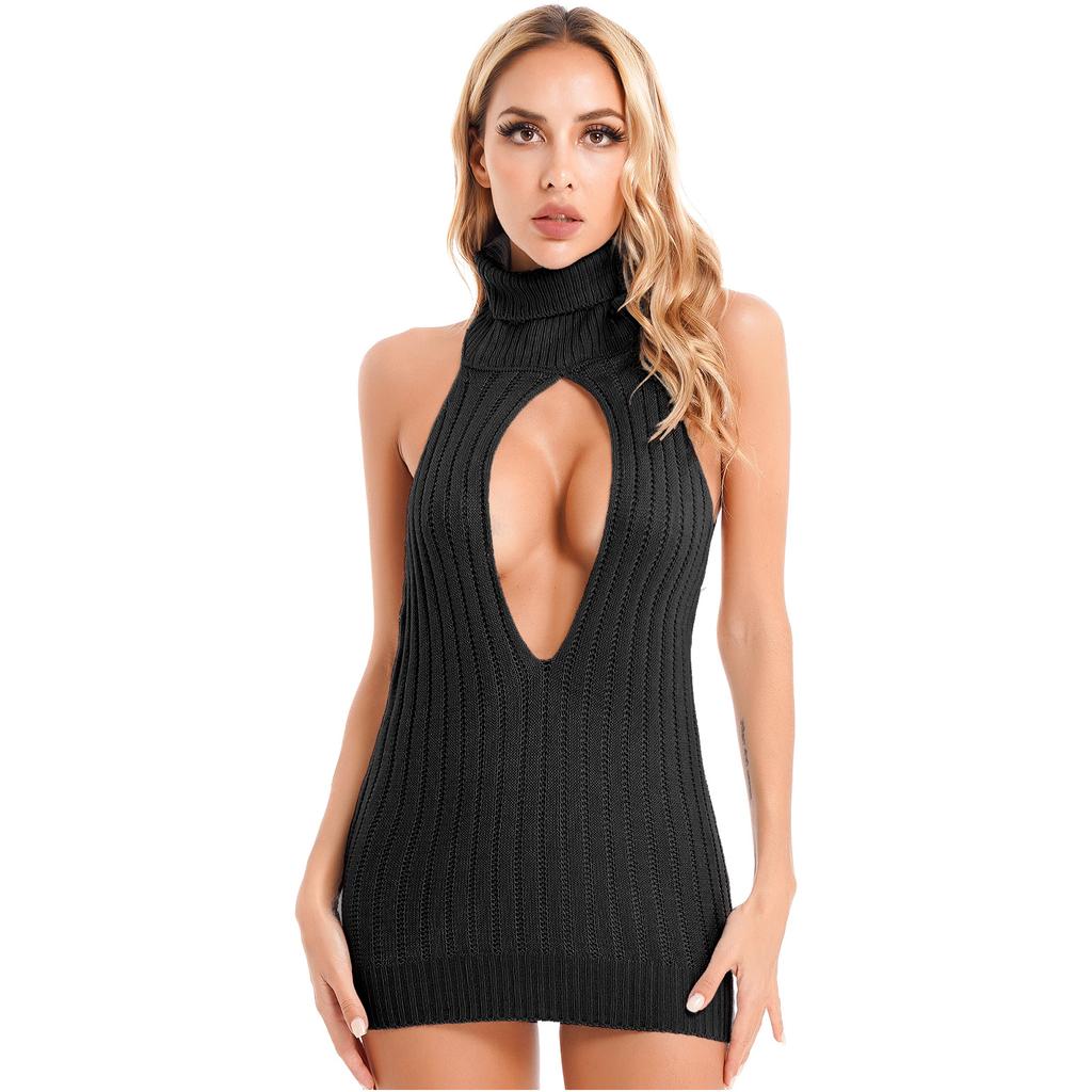 Womens Backless Ribbed Knit Dress Keyhole Lace-Up Mini Clubwear Turtleneck Nightwear