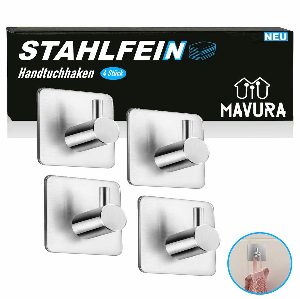 STAHLFEIN Towel Holder Towel Hook Stainless Steel Self-adhesive Set of 4