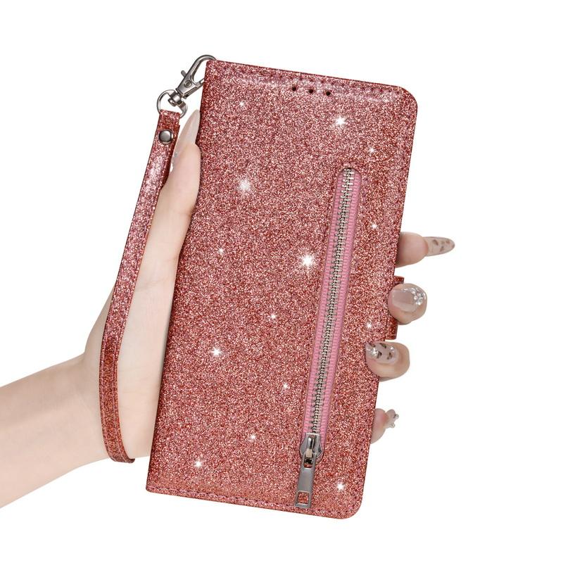 Glitter Zipper Leather Flip Wallet Case For iPhone 17 Pro Max Luxury Card Slots Phone Holder Cover For iPhone 16 15 14 Pro Max 13 12 11