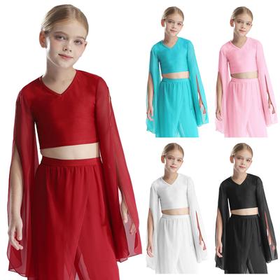 Elegante Top da Ballo da Ragazza Scollo a V Maniche Svasate con Spacco Crop Top Abbigliamento da Pratica Danza Classica per Esibizioni