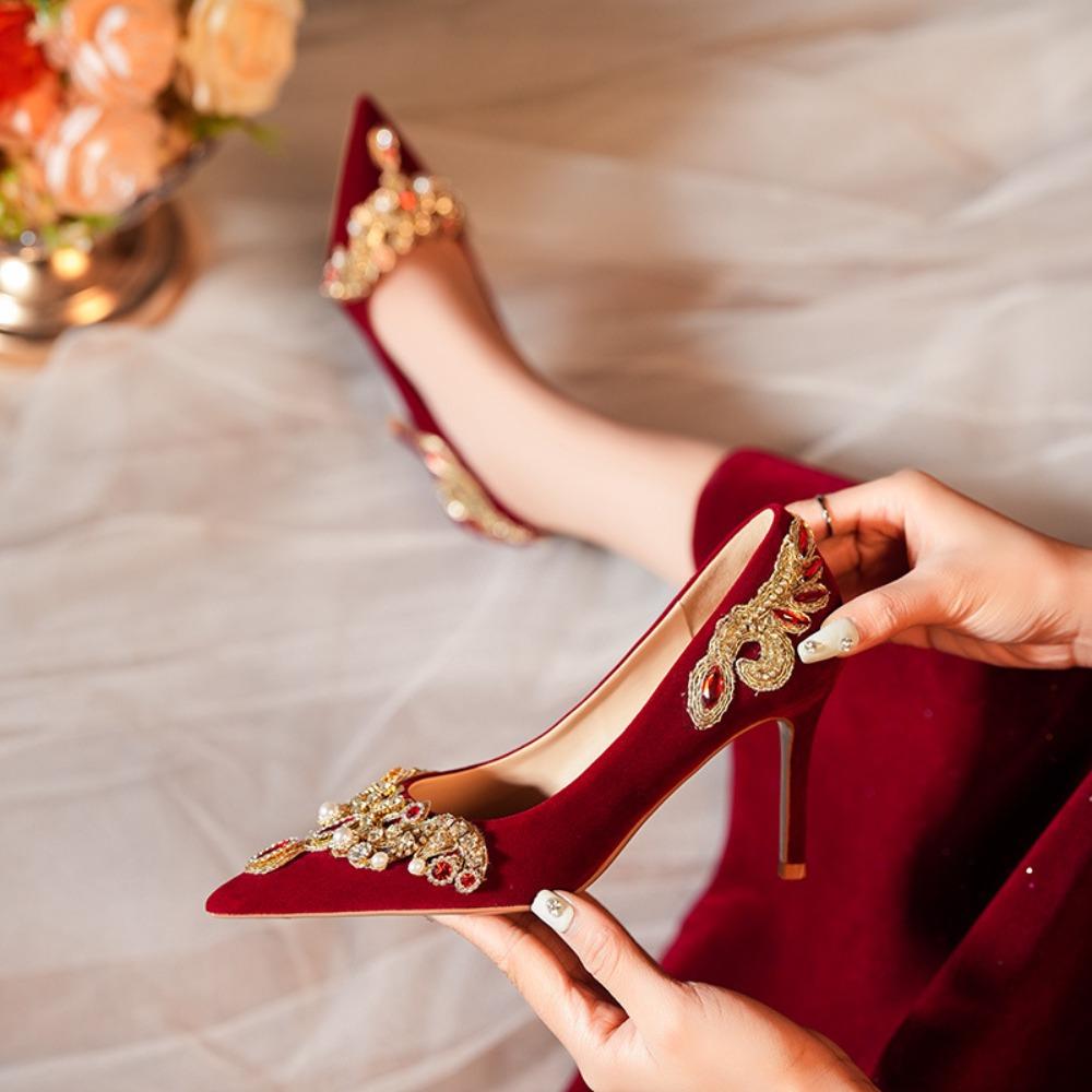Women's High Heels Rhinestone Pointed Toe Red High Heeled Shoes Wedding Shoes Women's New Banquet High Heels Wedding Bride Shoes