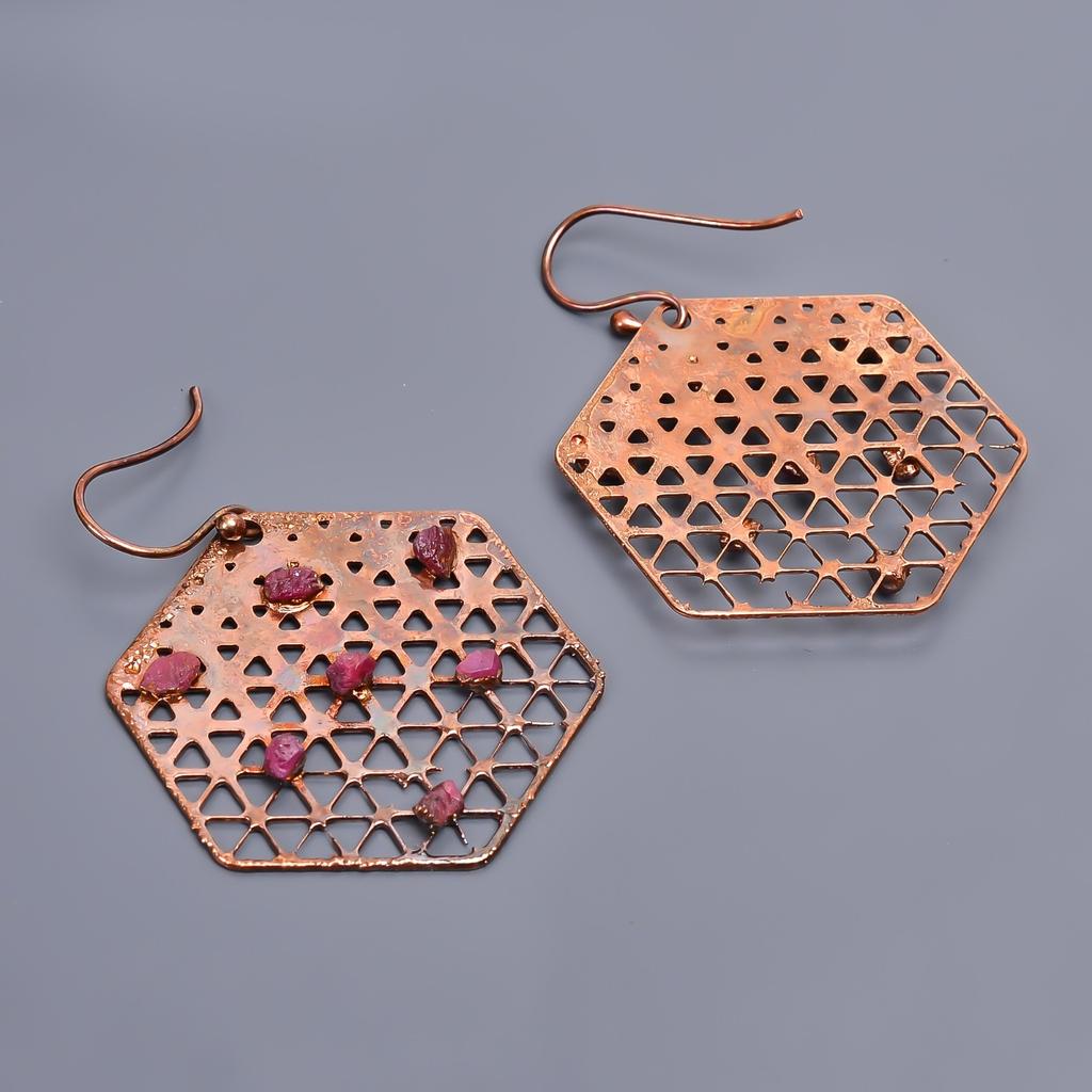 Pink Ruby Stone Copper Drop Dangle Electroformed Friend Gift Earrings Jewelry V-45