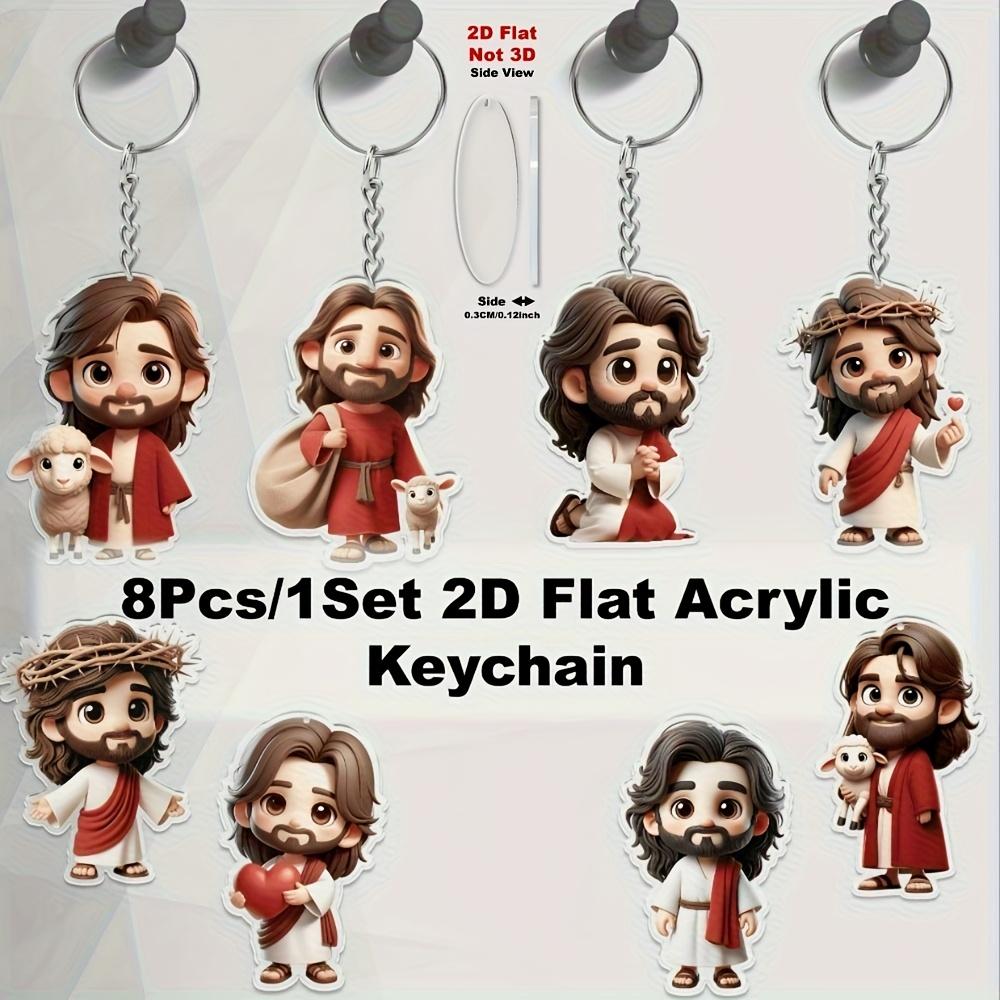 8 Parça 2D düz akrilik İsa temalı çizgi film karakter anahtarlık, 2D düz sırt çantası anahtarlık kolye.
