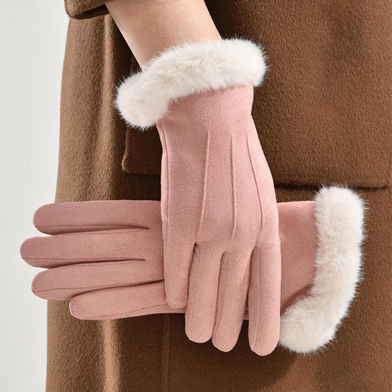 

Gloves, Female, Winter, Suede, Thick Insulation, Cold Resistant Cycling Gloves, Imitation Rabbit Hair, Cycling Five Finger Gloves, Touch Screen Gloves One Size