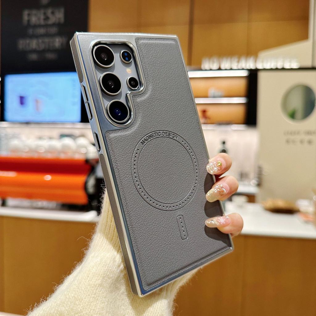 Samsung S25 Ultra Electroplated Leather Pattern Magnetic Suction Phone Case Samsung S24 Ultra Anti Fall and Anti Slip Skin Feeling Shell