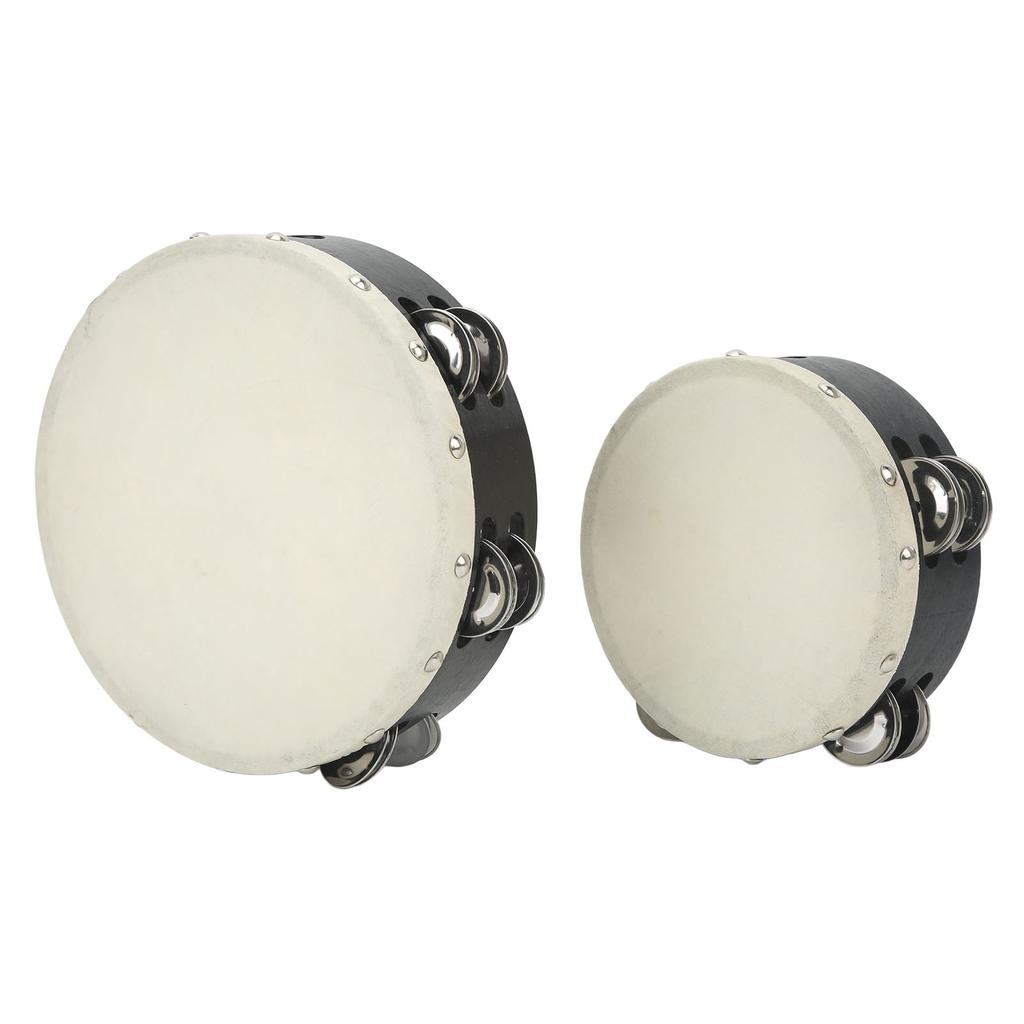 2PCS Wooden Hand Drum Double Row Metal Jingle Bells Sheepskin Percussion Tambourine 6in 8in