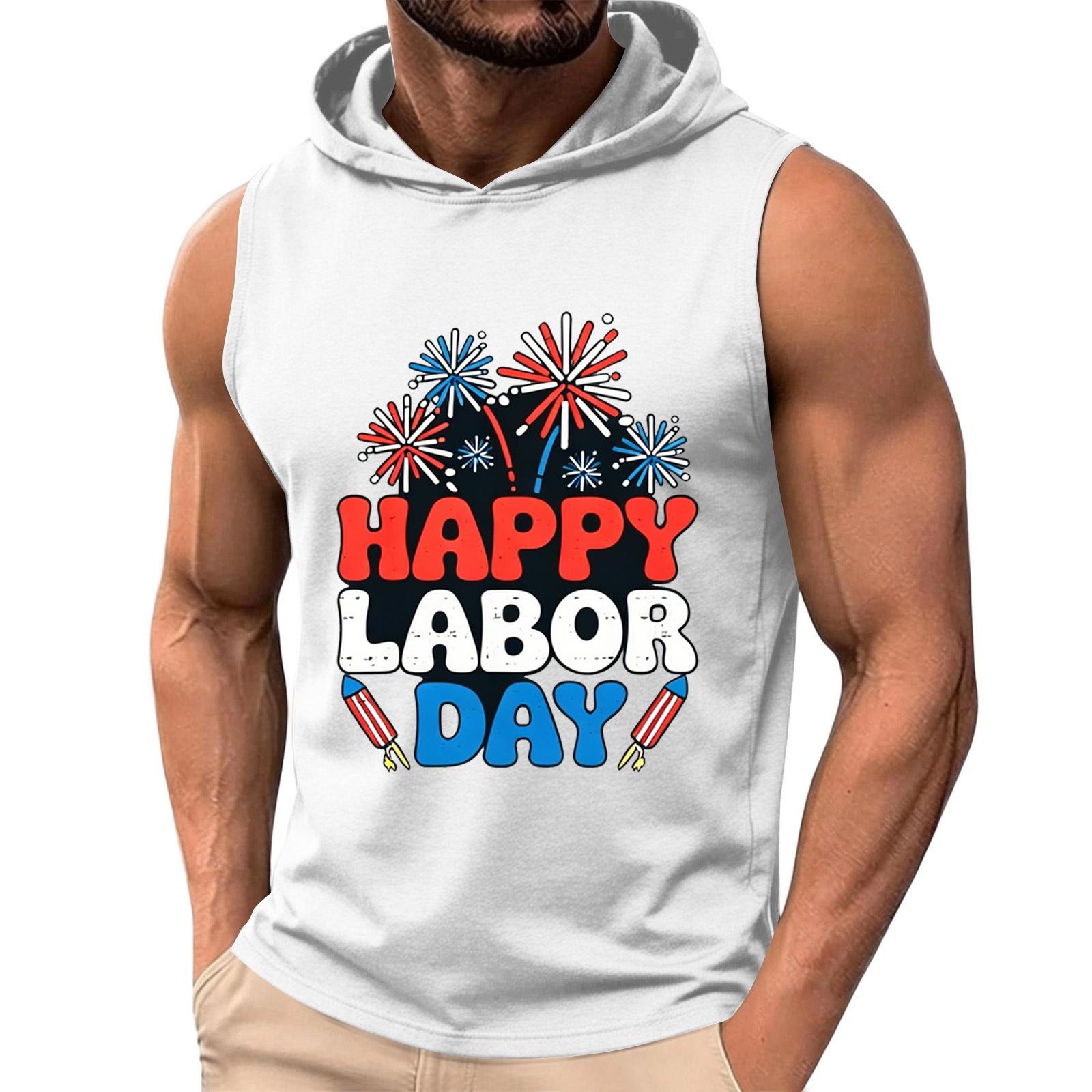 

Men s Sleeveless Hoodie Tank Top Casual Muscle Fit Printed Labor Day Fireworks Graphic Sleeveless Shirt for Summer Outdoor Activities XL білий
