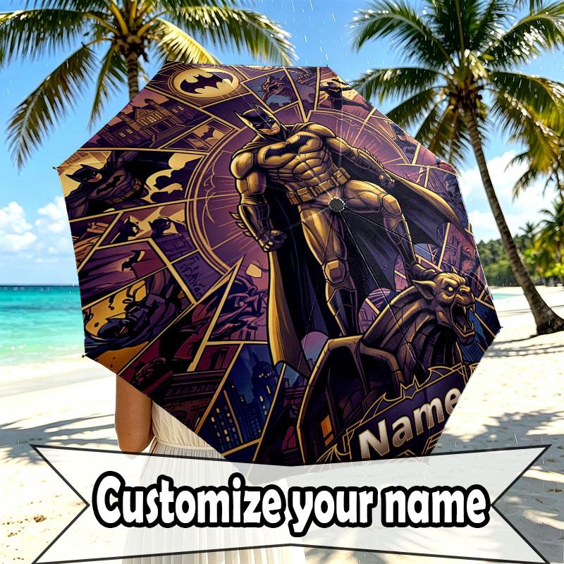 Custom Name Personalized Batman Print Umbrella, Auto Open Close, 8‑Rib Sturdy Frame, Commute Camping Hiking Use, Birthday Gift