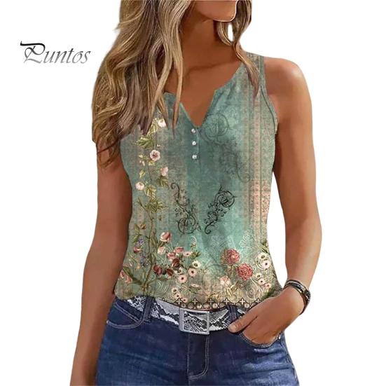 Women Summer Vest V-Neck Sleeveless Floral Print Tank Tops Buttons Neckline Loose Fit Casual Camisole Streetwear