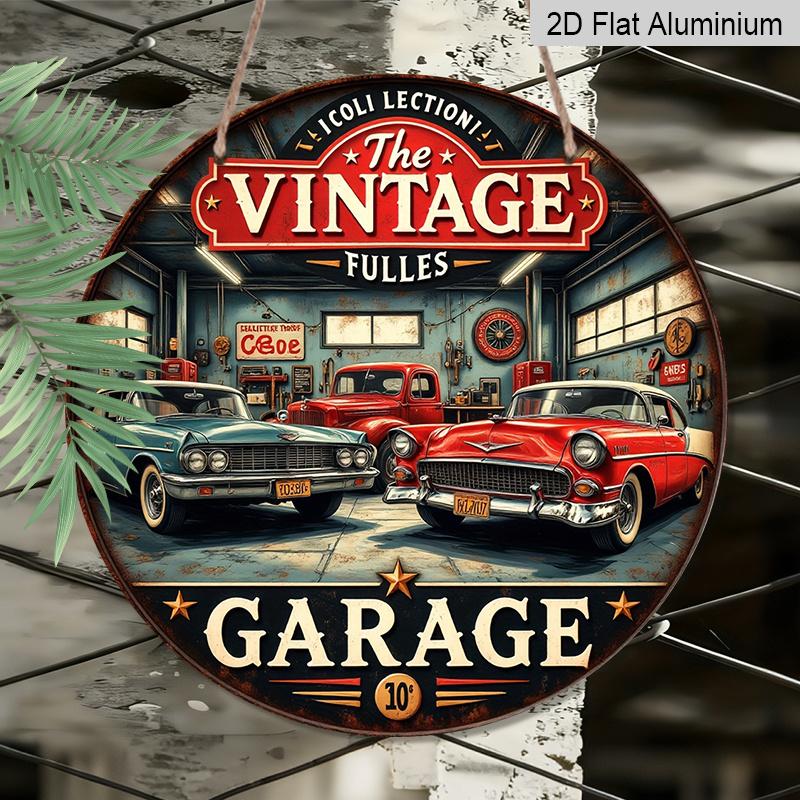 2D Flat, 1pc Vintage Aluminum Round Wall Plaque - Retro Garage Metal Sign with Classic Cars & Tools Design, Americana Decor for Bars, Cafes