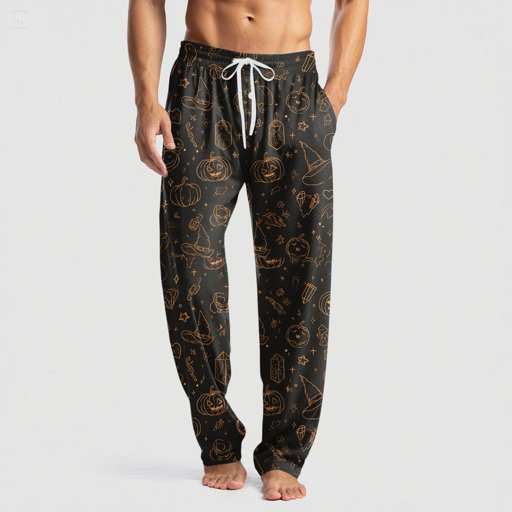 Pánské pletené ležérní kalhoty s kapsami a halloweenským potiskem, pyžamové kalhoty