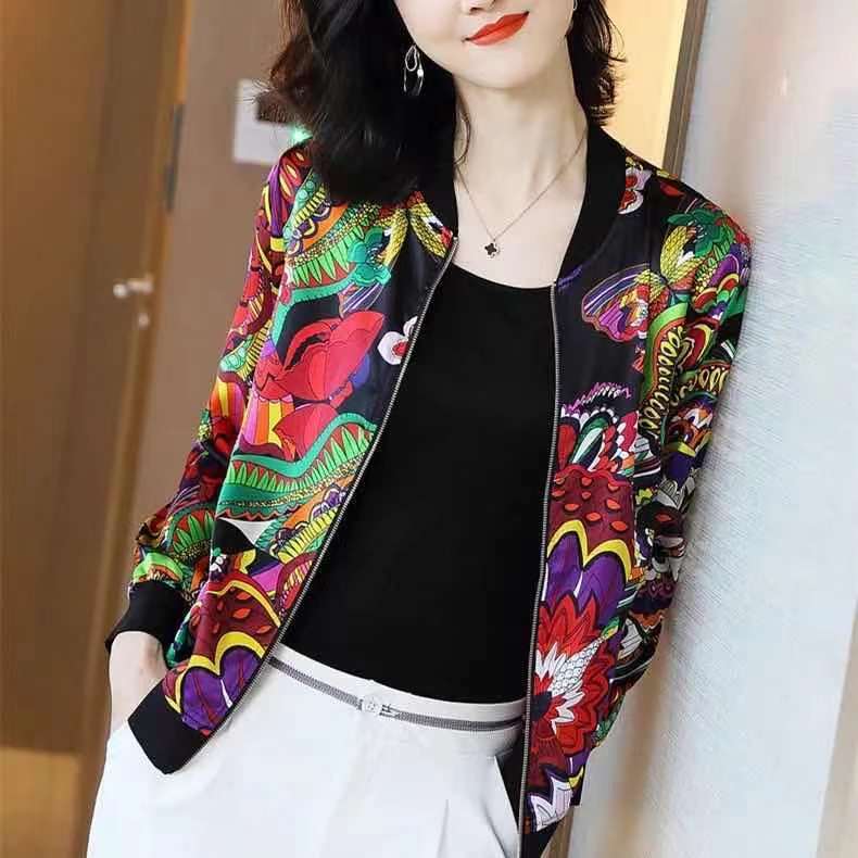 Summer Women Chiffon Jacket Thin Breathable Baseball Uniforms Long Sleeve Printed Jacket Loose Short Plus Size Sunscreen