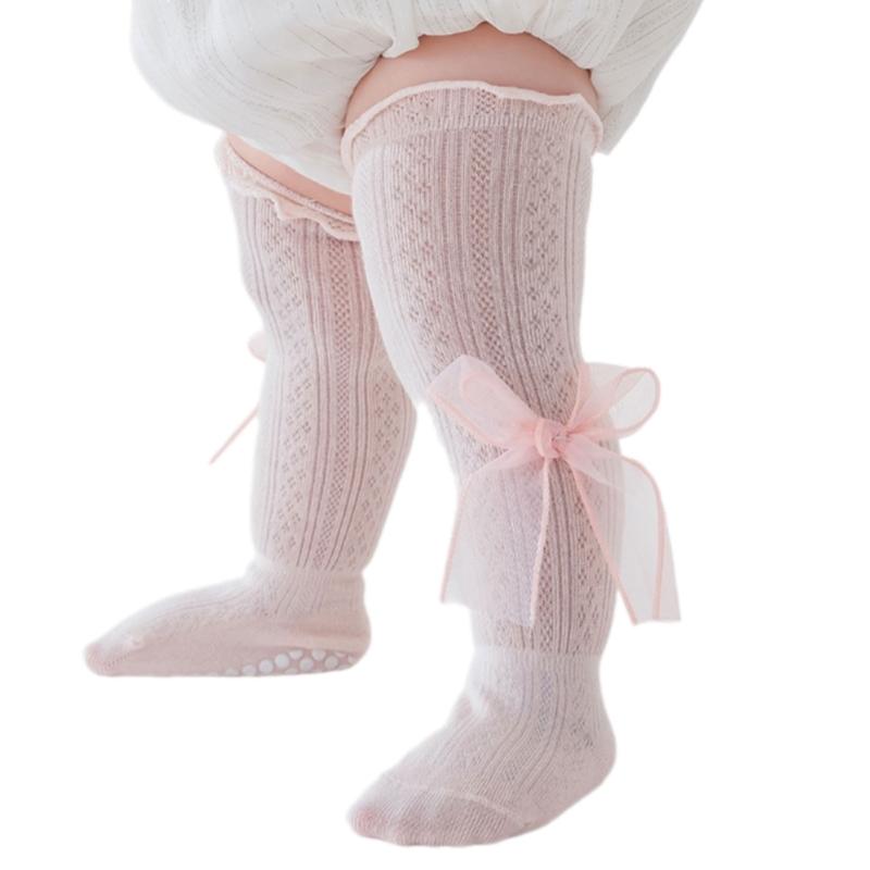 Kids Lace Pattern Over Knee Stockings Soft Combed Cotton Summer Thin Style Beige Color For Daily Wear