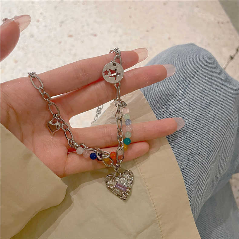 Color Beaded Double-layer Stacked Love Necklace Light Luxury Niche High-end Accessories Sweater Chain Women's Neck Chain Collarbone Chain