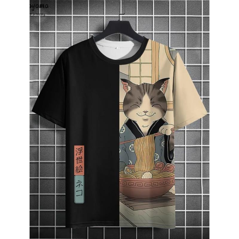 Japanese Samurai Cat 3D Printed T-Shirts for Men Short Sleeve Tee Casual Loose Harajuku Men's Clothing Oversized T-Shirt Tops