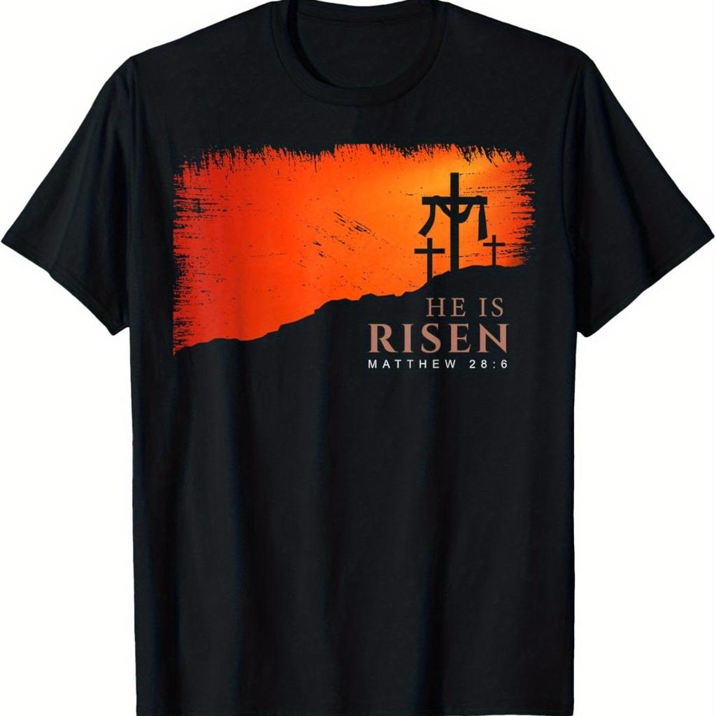 He Is Risen Cross Sunrise Graphic Tee Men Cotton Religious Christian Casual TShirt