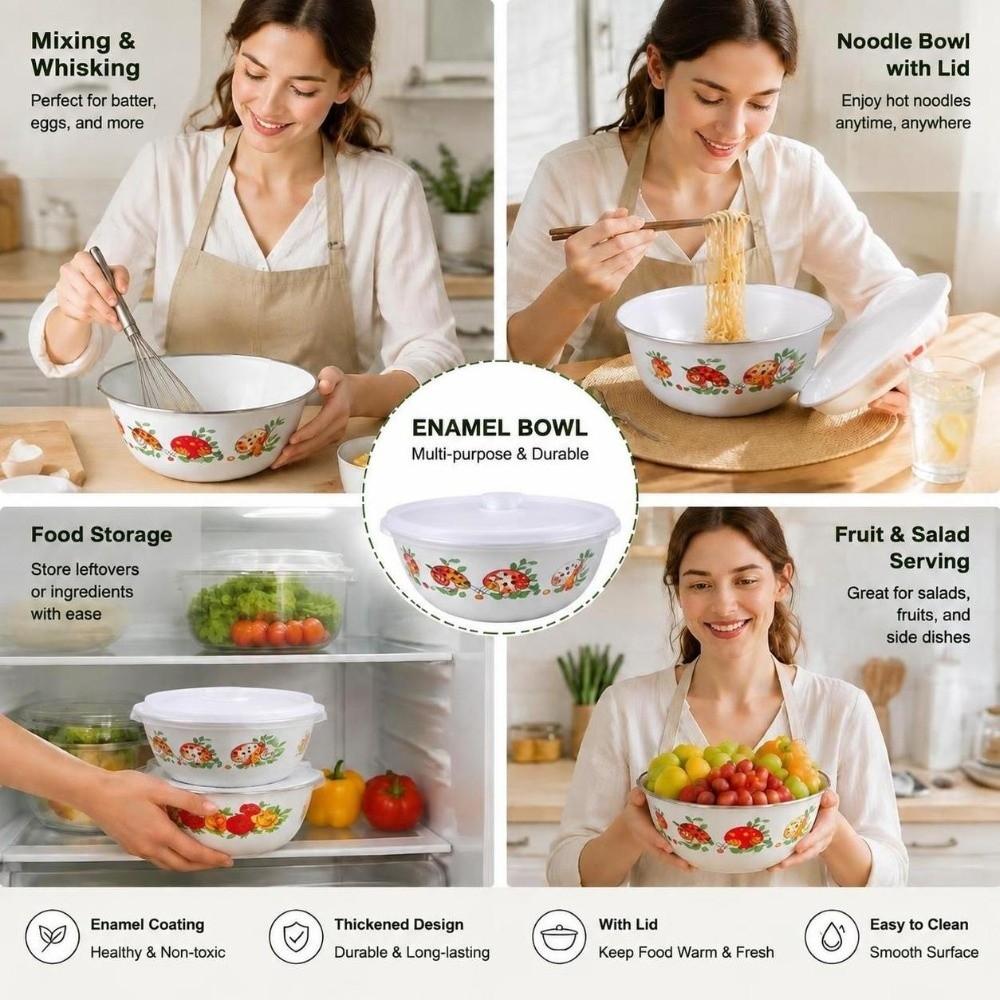 with Lid Enamel Mixing Bowl Chinese Rose Print Instant Noodle Bowl Vintage Enamel Bowl Camping