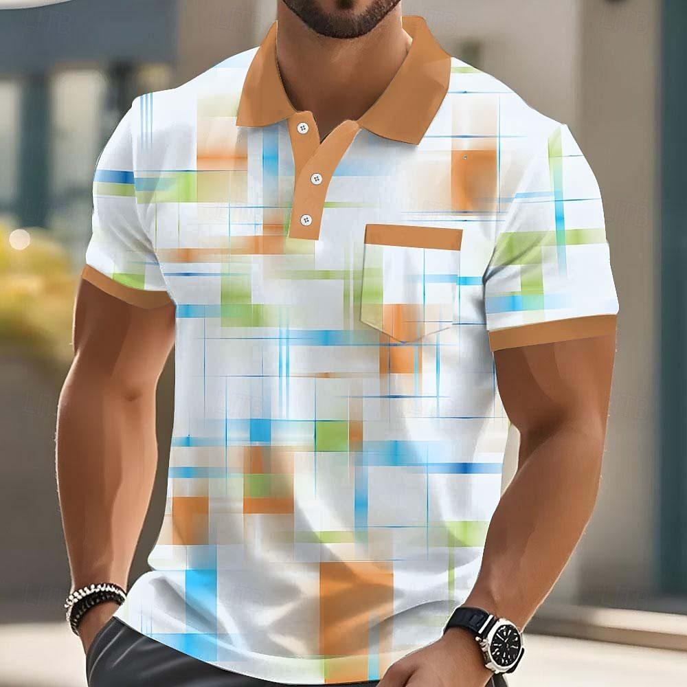 Trendy Short Sleeve Polo Shirt, Geometric Pattern, Casual Men's Top