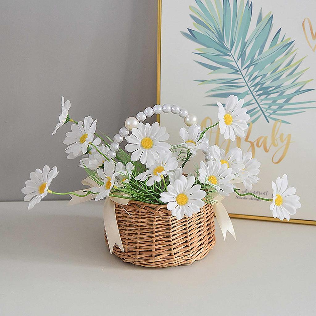SKTMH Willow Flower Basket with Pearl Handle and Ribbon