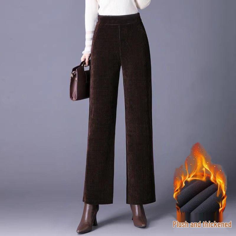 Women's Corduroy Wide-Leg Casual Pants - Autumn/Winter, Thickened, Plus Size, Straight, Loose Fit