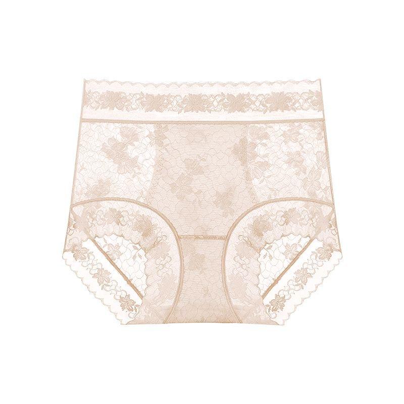 Ladies Summer Lace Camellia 10A Antibacterial Mulberry Silk Extended Crotch Ice Silk High Waist Belly Triangle Briefs