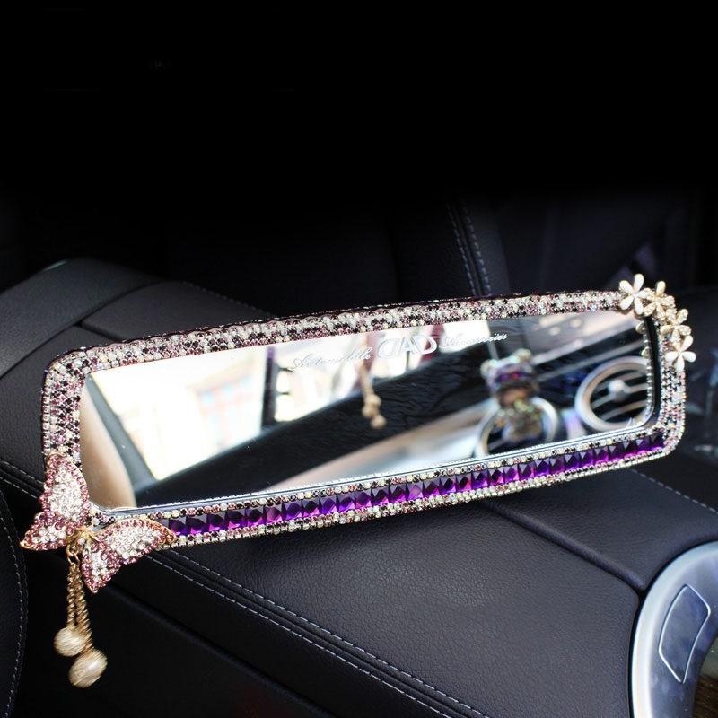 Tassels Crystal Car Rearview Mirror Interior Accessories Bling Rhinestones Butterfly Car Mirror Decoration For Lady