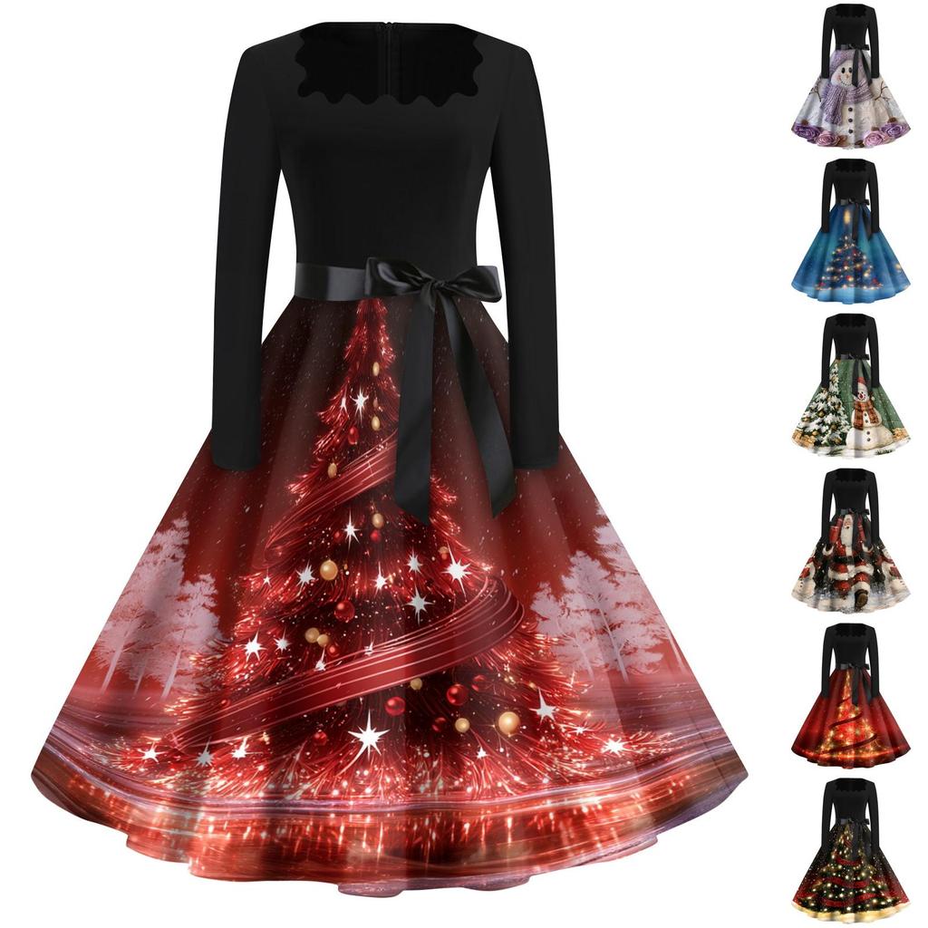 Women's Casual Retro Square Neck Dress with Halloween Print for Party and Daily Wear