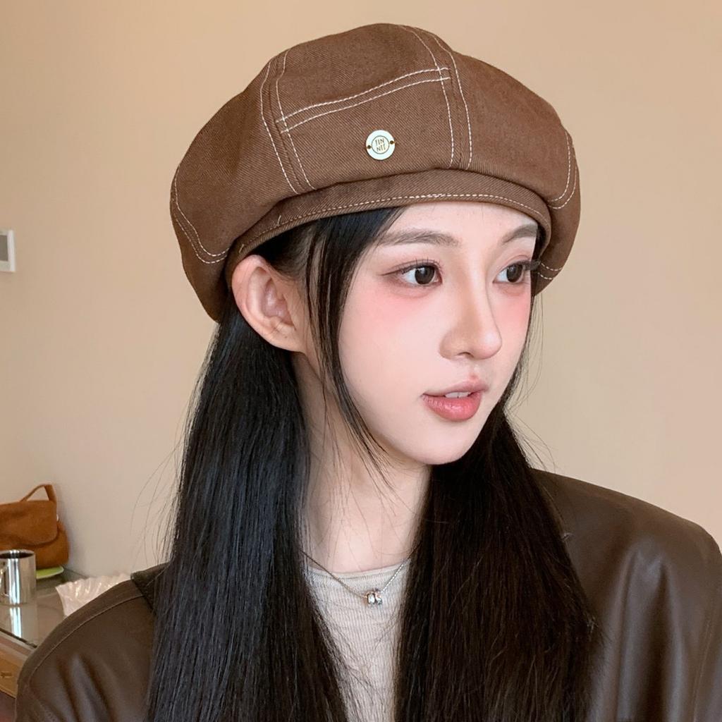 Blue denim beret women's new spring and autumn big head circumference octagonal hat autumn and winter bud painter hat