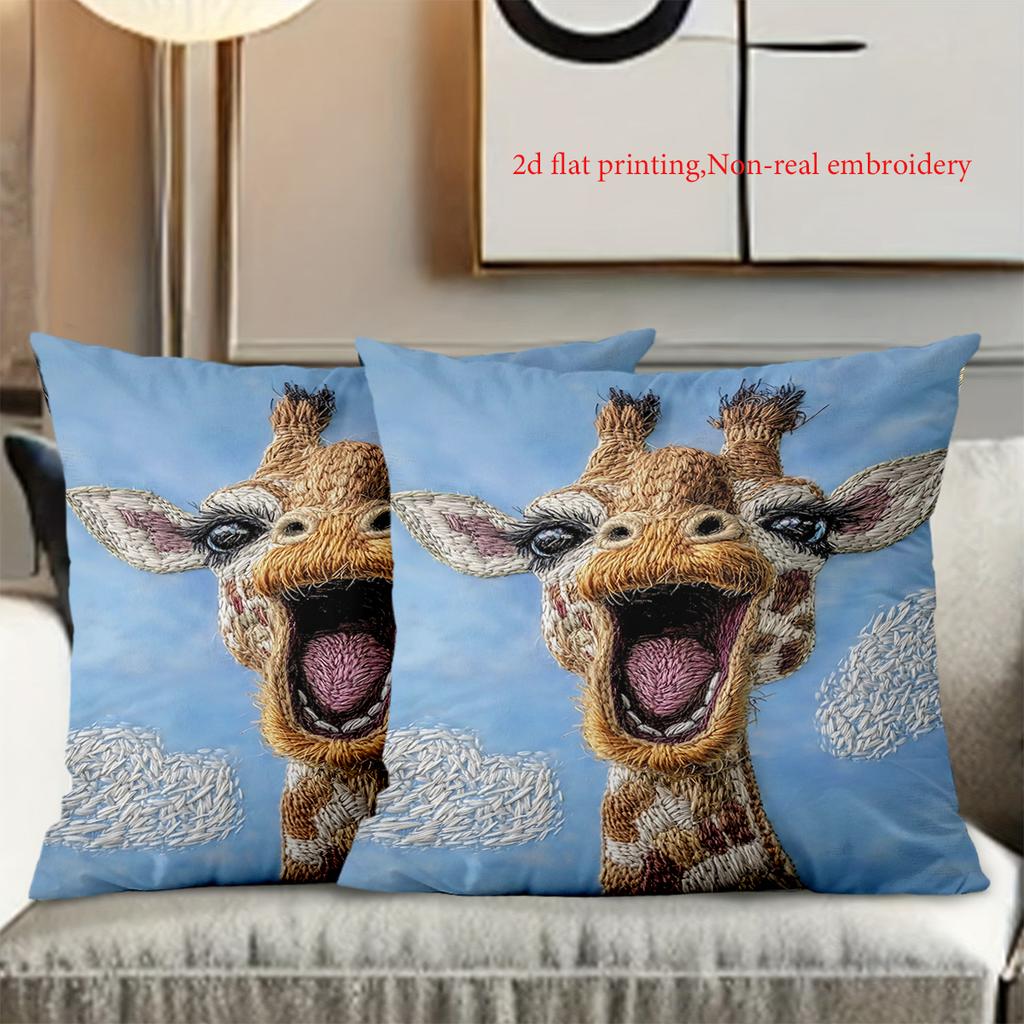 2D Flat Printing Cute Giraffe Pattern Blue Cushion Pillow Decor Polyester Pillowcase Sofa Decorative Cushion Cover