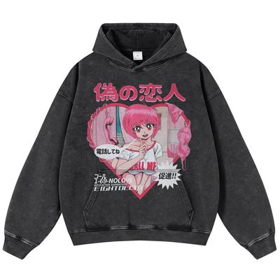 Streetwear Japanischer Anime Grafik Unisex Verwaschen Schwarz Übergroßer Unisex Langarm Hoodie