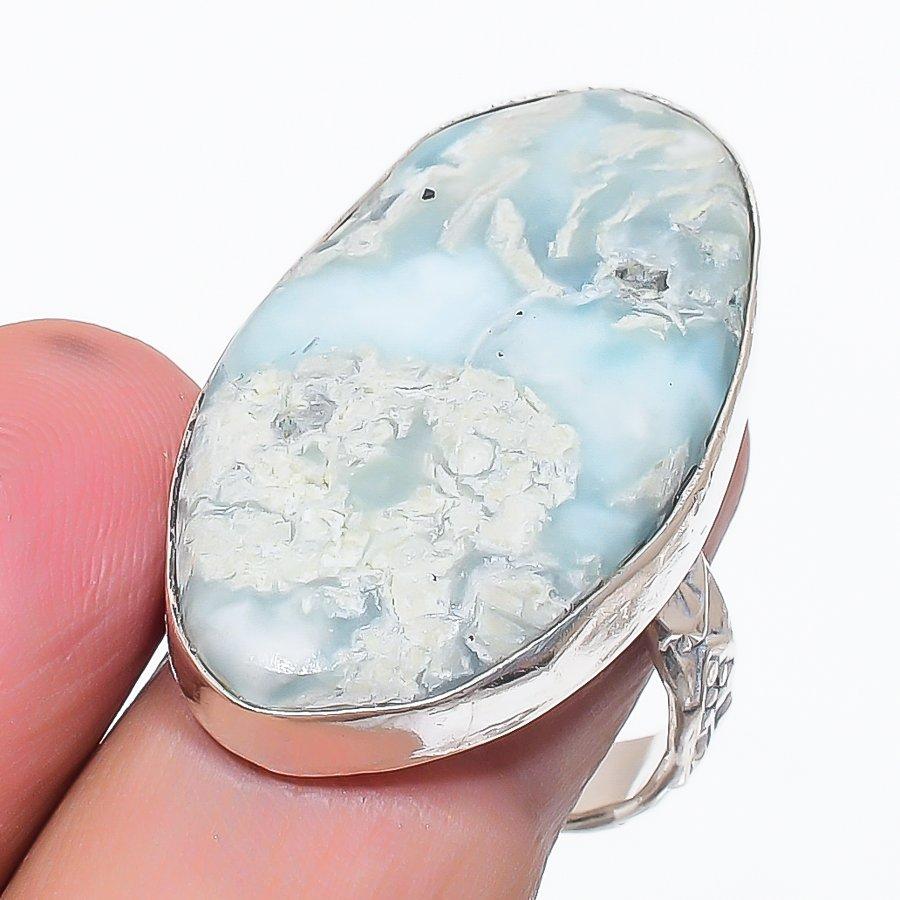 Natural Larimar Gemstone Handmade 925 Sterling Silver Jewelry Ring Size 9 z6F58