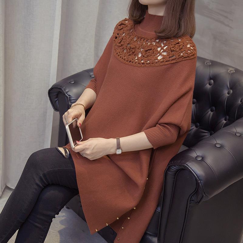 Женский вязаный свитер с вырезом свободный с рукавами летучая мышь с высоким воротом пончо пуловер трикотаж XXXL коричневый 3364₽