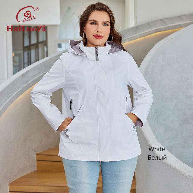 HaiLuoZi 2023 New Women's Trench Coat Plus Size Short Female Outwear Detachable Hood Solid Color Slant Pocket Women Jacket 728