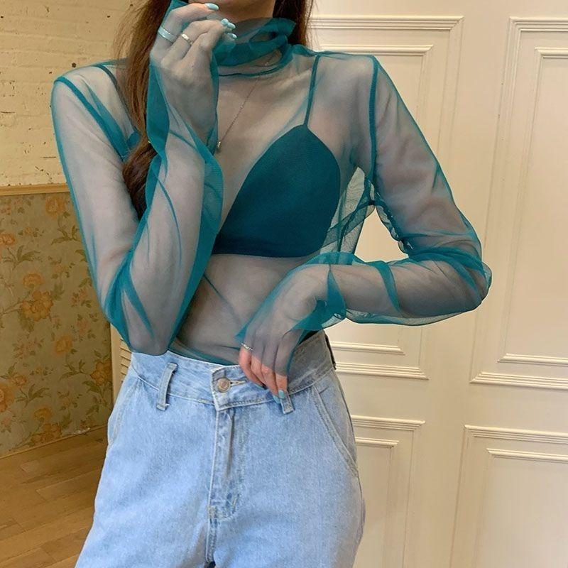 Inneres Basisshirt Elastisches Mesh Sonnenschutz-Top T-Shirt mit hohem Kragen Damen Western-Stil Spitze Transparent Super Fee