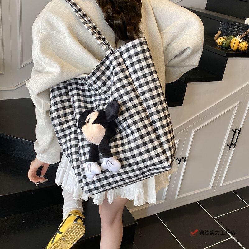 New striped large-capacity canvas bag women's cute fashion plaid single shoulder cartoon commuting lazy wind tote bag