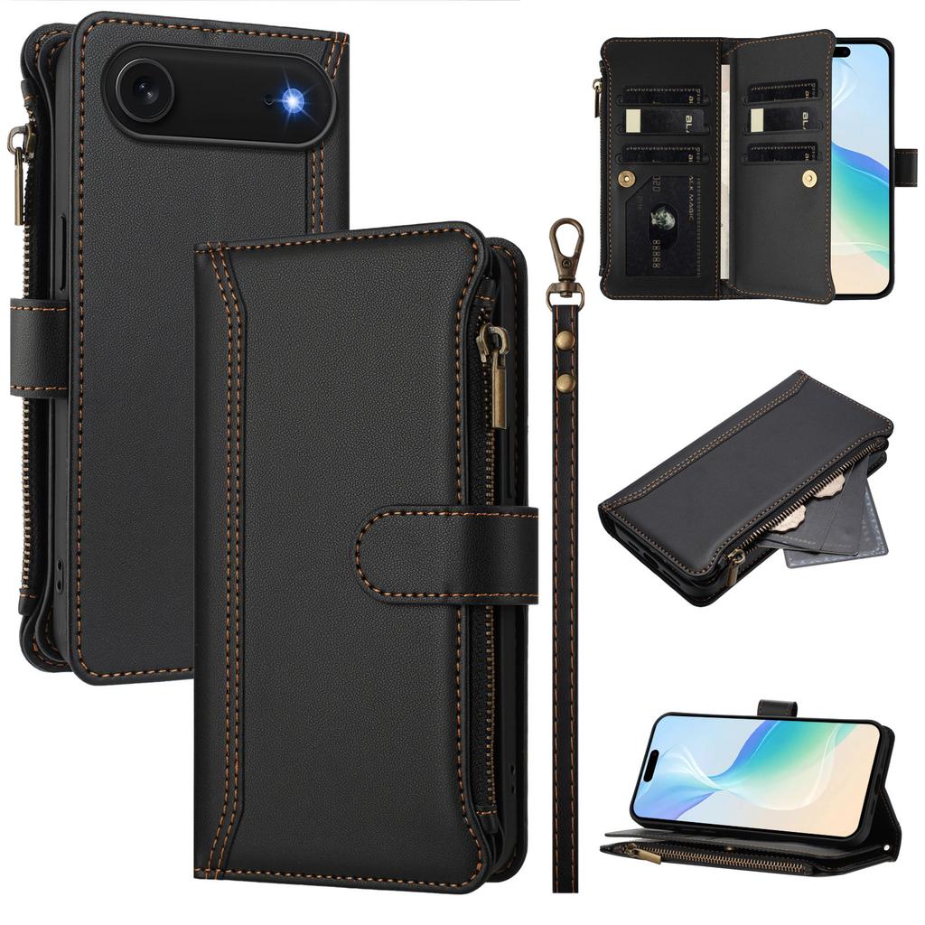 For iPhone 17 Air Leather Case 9 Card Slots Zipper Wallet Stand Phone Cover with Wrist Strap