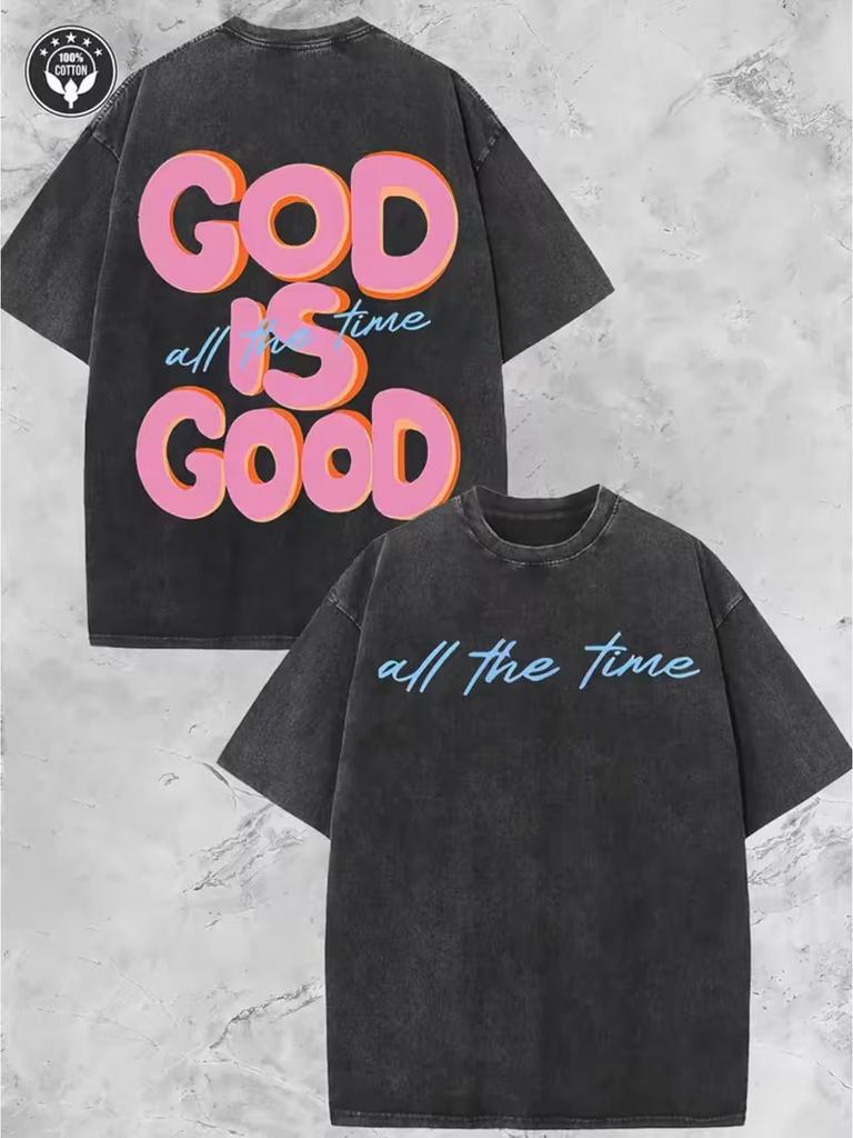 Washed Short-Sleeve Top with a Round Neck Featuring The Phrase 'GOD IS GOOD', Sh