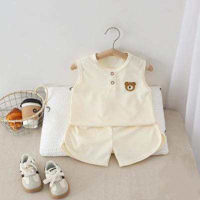 2Pcs/Set Boys Girls Sleevesless Clothes Suit Kids Bear Patch Thin Summer Outfits Solid Color Vest Top Shorts Children Set