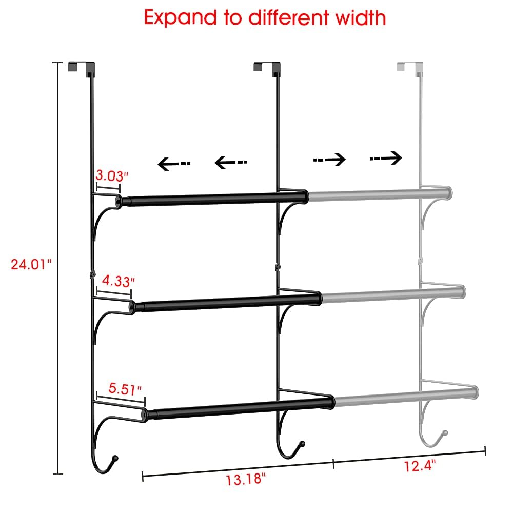 Extendable Towel Hanger, Door Hook, 3 Tiers with 2 Hooks, No-Hole Installation, Space-Saving for Bathroom and Kitchen, Black