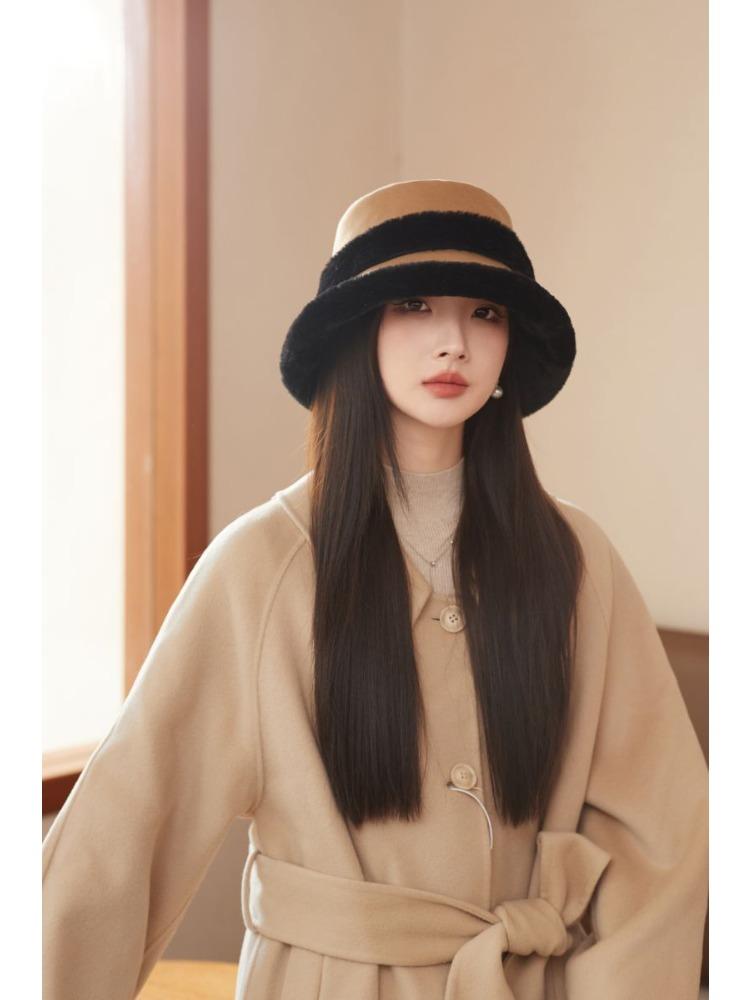 Autumn and Winter Thickened Plush Splicing Bucket Hat Women's Ear Protector Hat Basin Hat for Casual & Formal Outfits, Cold Weather Gear