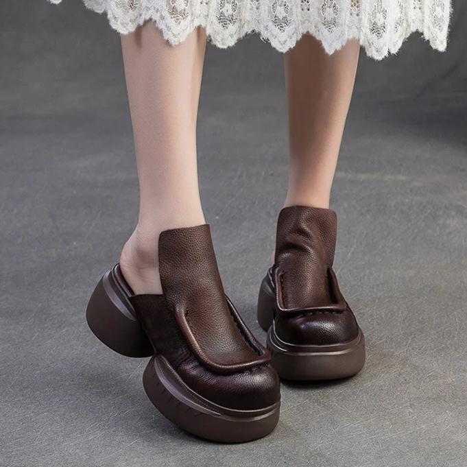 Johnature Roman Style Women's Slip-on Platform Shoes Genuine Leather Retro Round Toe Outdoor Slippers