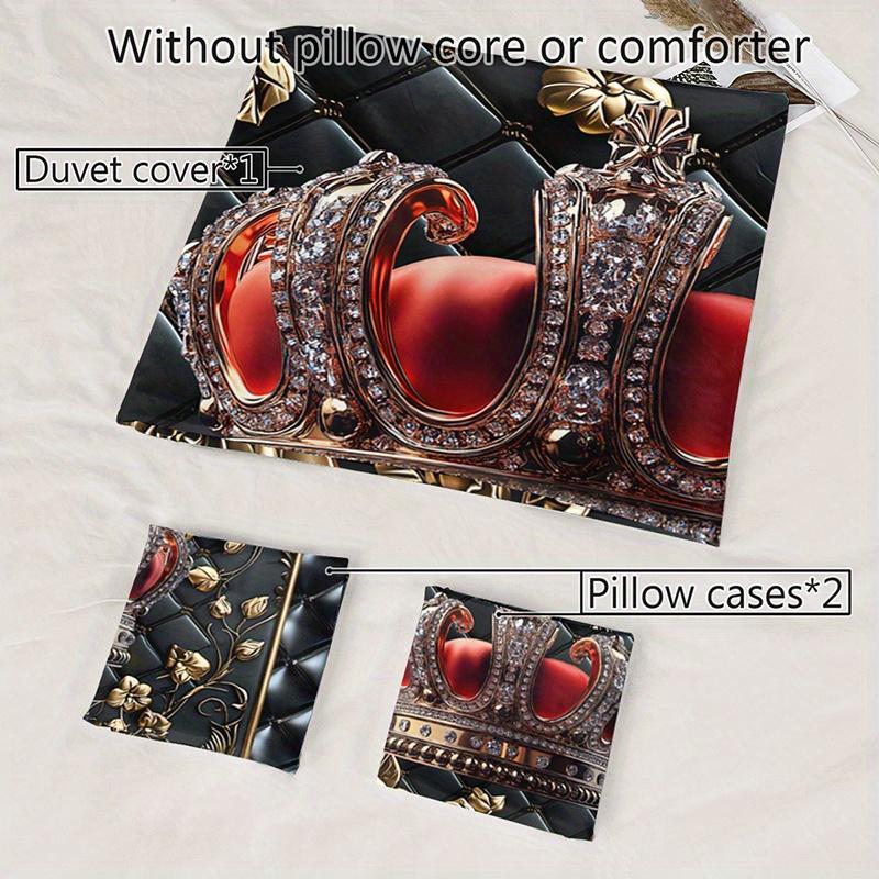 3pcs Luxury King Crown Golden Roses Bedding Duvet Cover Set, Royal King Crown Bedding Quilt Set, Luxury Themed Bed Quilt Set