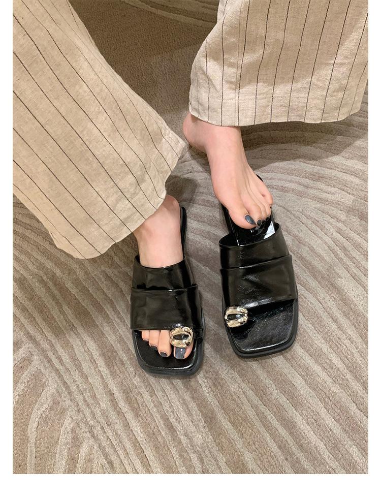 

Sheepskin~ Grape mother 4cm French metal buckle thick-soled slippers women s summer outer wear pleated cover toe slope heel cool slippers 40