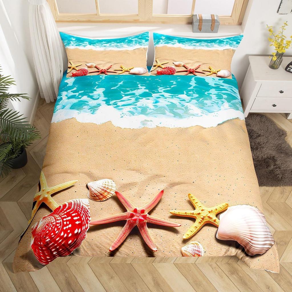 Summer Beach Theme Duvet Cover Twin Queen, Starfish Conch Seashell Bedding Set for Boys Girls Bedroom, Ocean Animal Bed Cover