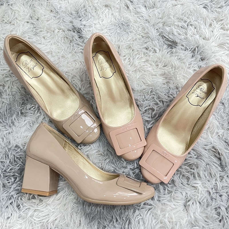 Soft leather version~ Naked pink single shoes women's 2025 new autumn classic square buckle patent leather versatile thick heel commuter women's shoes