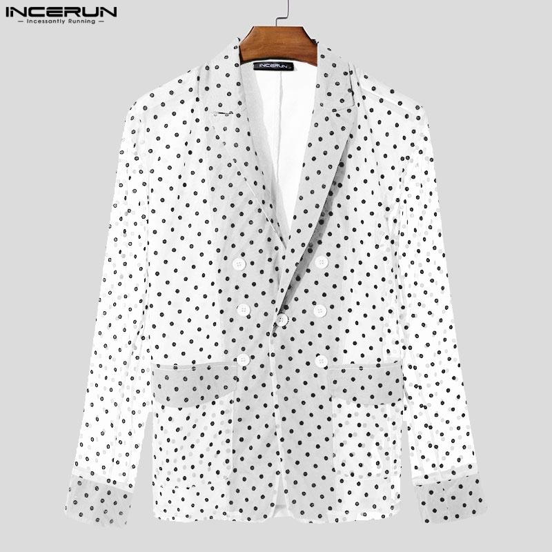 INCERUN Men Lapel Long Sleeve Mesh Sheer Polka Dots Back Patchwork Tops Cover Up