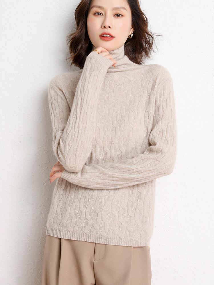 Women's Loose Fit Cashmere Cable Knit High Neck Sweater - Autumn & Winter.